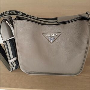 Prada Taupe Leather Crossbody Bag with Black & White Strap